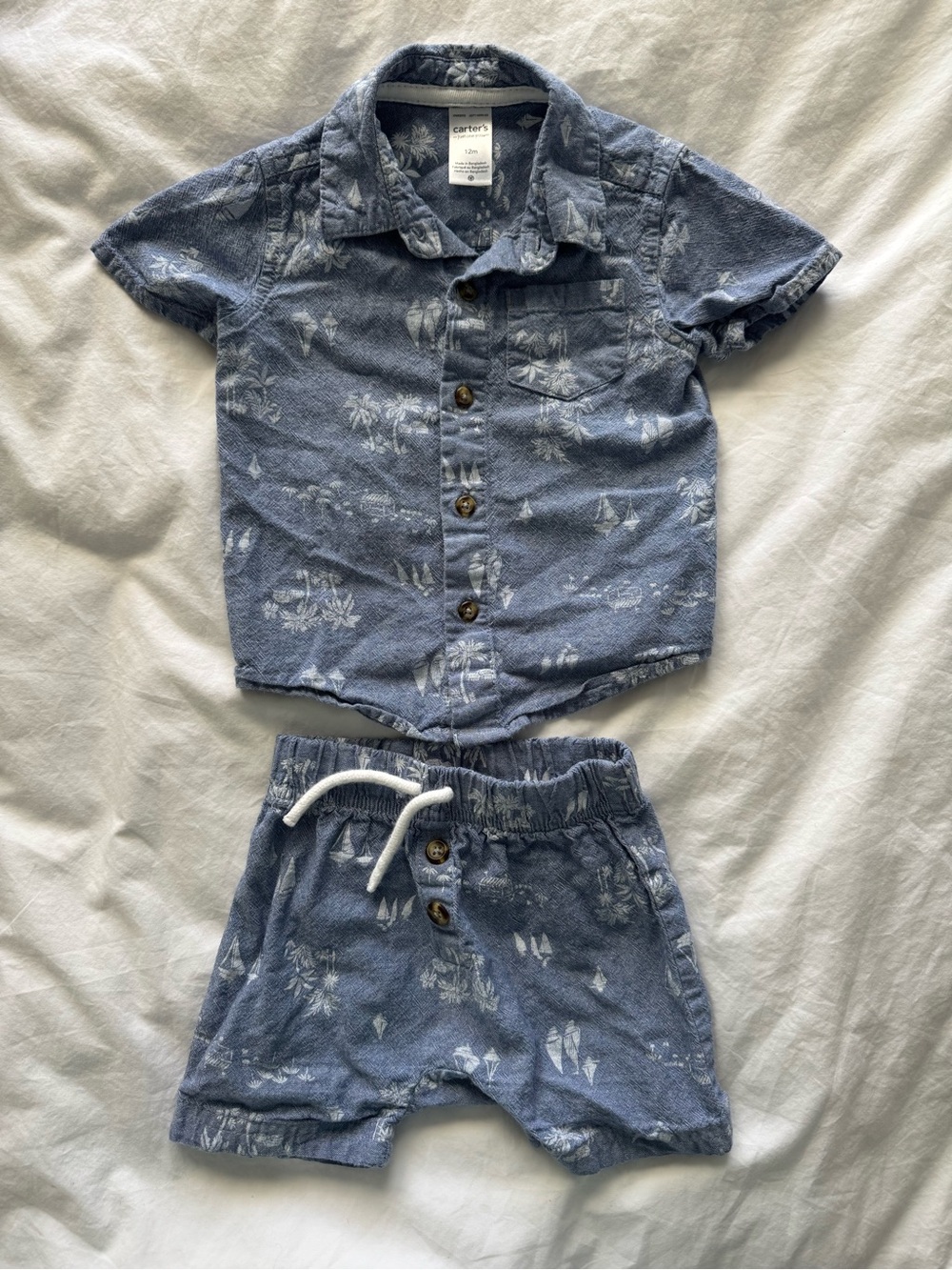 Carter's Just One You Chambray Sailboat Palm Hawaiian Shirt & Shorts Set 12 M